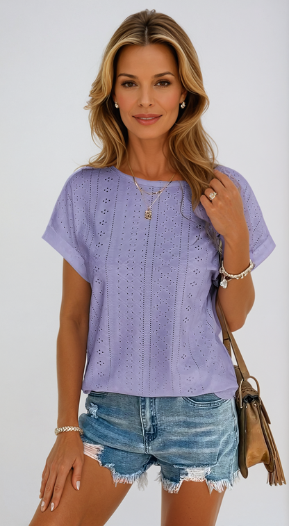 Top Con Occhielli - Vestibilità ampia - Girocollo - Top a maniche corte - Abbigliamento donna-Viola-S-Modasso