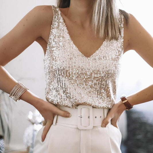Top Con Paillettes | Senza Maniche | Scollo a V | Top glitterato | Top da festa-Beige-S-Modasso