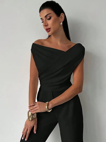 Top Drappeggiato a Spalla Scoperta, Elegante e Asimmetrico-Modaso