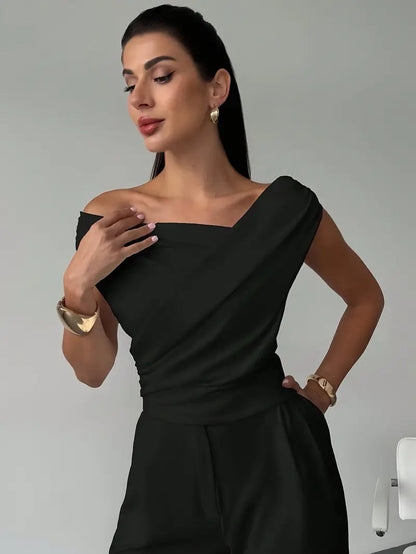 Top Drappeggiato a Spalla Scoperta, Elegante e Asimmetrico-Modaso