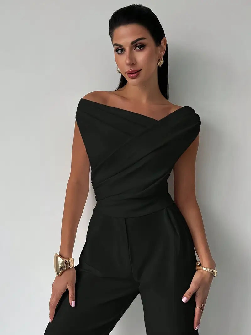 Top Drappeggiato a Spalla Scoperta, Elegante e Asimmetrico-Modaso