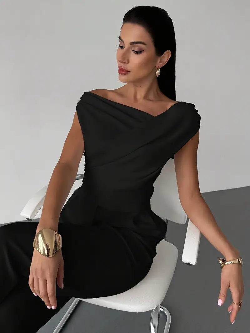 Top Drappeggiato a Spalla Scoperta, Elegante e Asimmetrico-Modaso