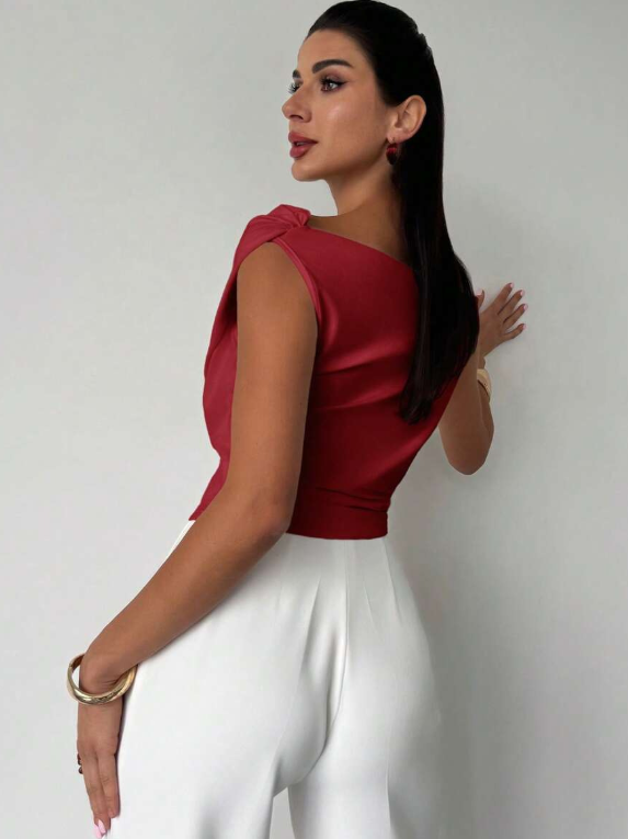 Top Drappeggiato a Spalla Scoperta, Elegante e Asimmetrico-Modaso