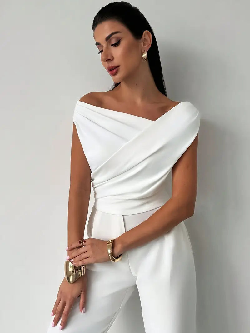 Top Drappeggiato a Spalla Scoperta, Elegante e Asimmetrico-Modaso