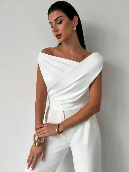 Top Drappeggiato a Spalla Scoperta, Elegante e Asimmetrico-Modaso