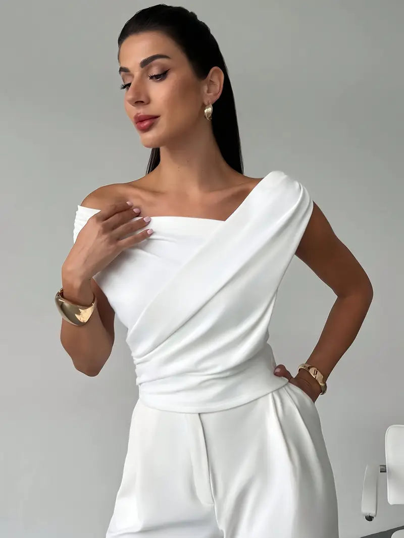 Top Drappeggiato a Spalla Scoperta, Elegante e Asimmetrico-Modaso