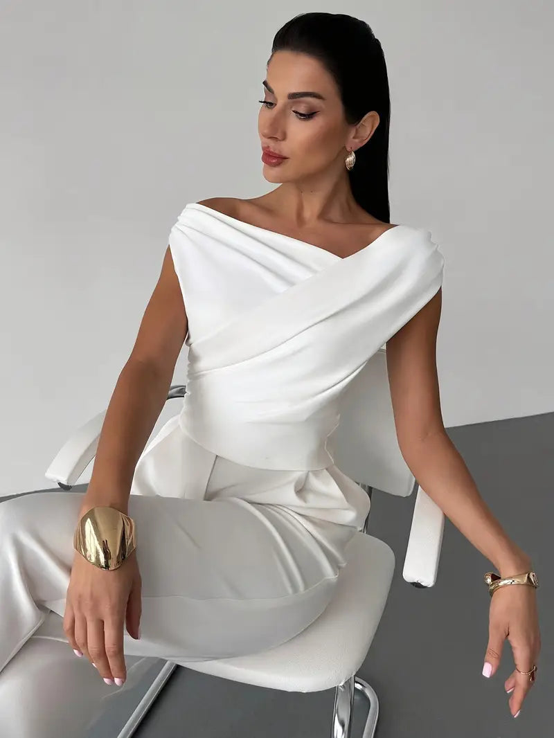 Top Drappeggiato a Spalla Scoperta, Elegante e Asimmetrico-Modaso