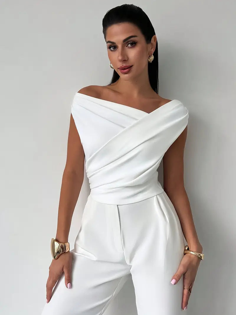 Top Drappeggiato a Spalla Scoperta, Elegante e Asimmetrico-Modaso