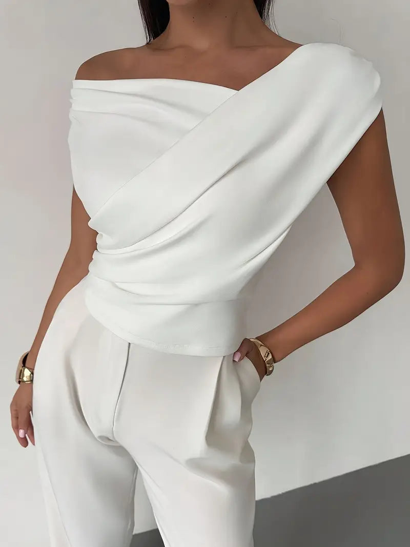 Top Drappeggiato a Spalla Scoperta, Elegante e Asimmetrico-Modaso