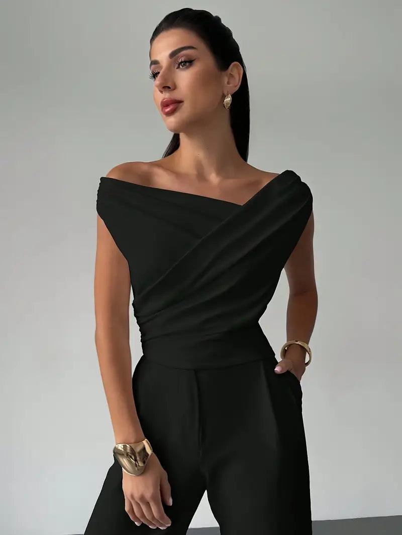 Top Drappeggiato a Spalla Scoperta, Elegante e Asimmetrico-Modaso