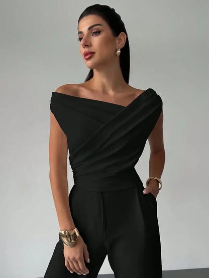 Top Drappeggiato a Spalla Scoperta, Elegante e Asimmetrico-Modaso