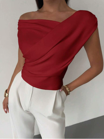 Top Drappeggiato a Spalla Scoperta, Elegante e Asimmetrico-Modaso