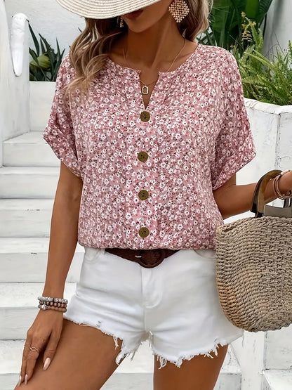 Top Floreale - Manica corta - Button-Up - Top estivo - Camicetta floreale da donna-S-Modasso