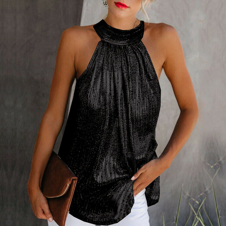 Top Glitterato - Top da festa senza maniche con scollo all'americana e paillettes da donna-Nero-S-Modasso