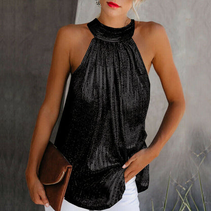 Top Glitterato - Top da festa senza maniche con scollo all'americana e paillettes da donna-Nero-S-Modasso