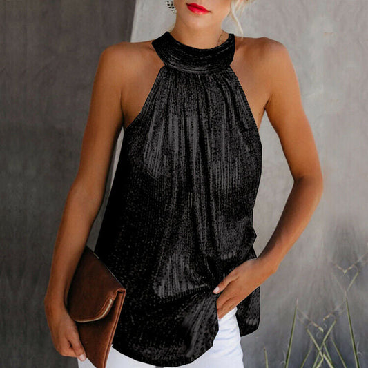 Top Glitterato - Top da festa senza maniche con scollo all'americana e paillettes da donna-Nero-S-Modasso