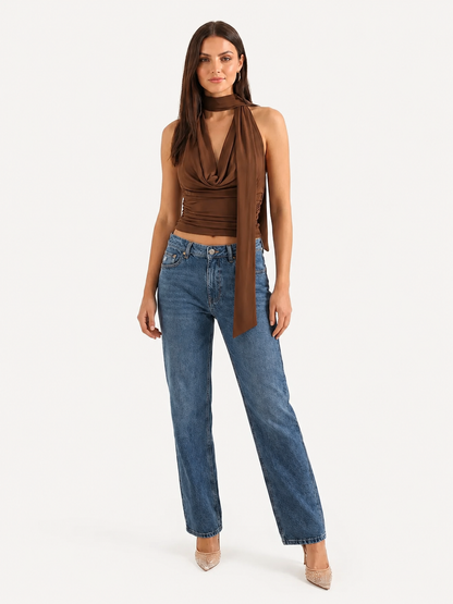 Top Halter Donna, Scollo Drappeggiato con Sciarpa, Marrone-Modaso