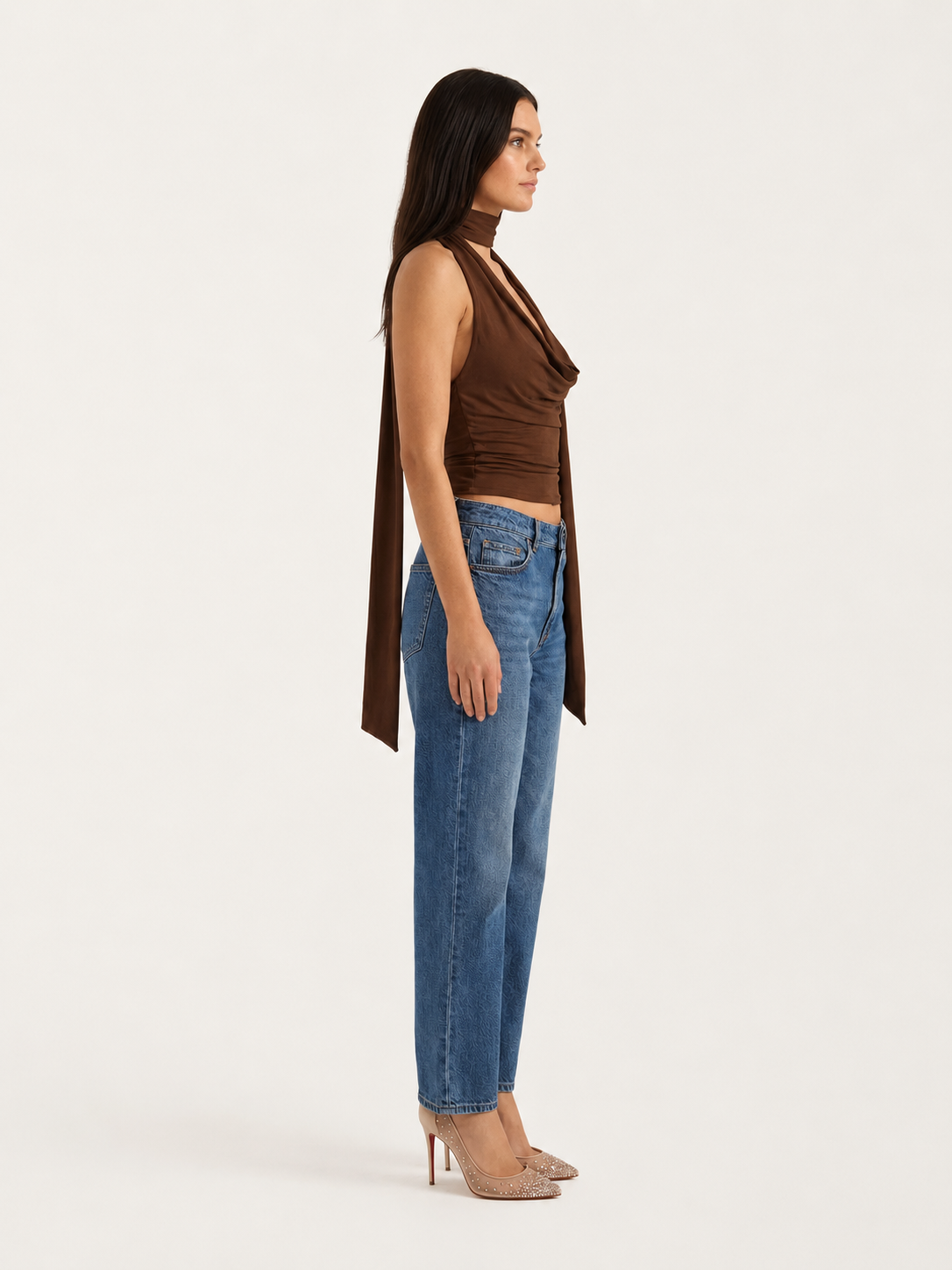Top Halter Donna, Scollo Drappeggiato con Sciarpa, Marrone-Modaso
