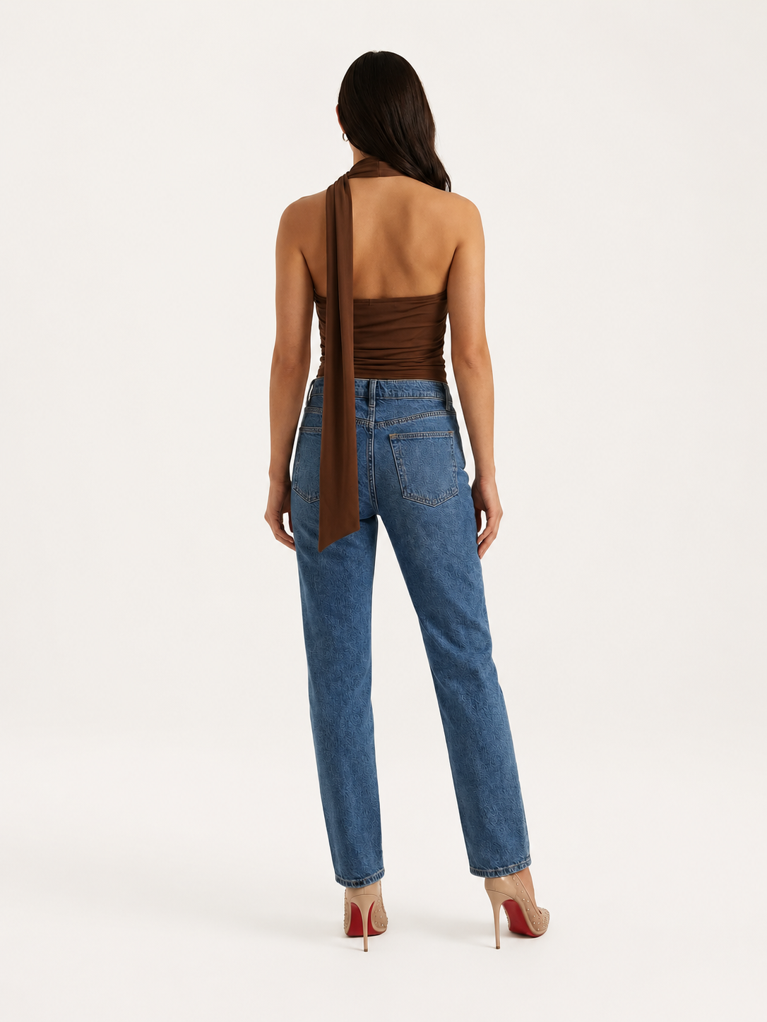 Top Halter Donna, Scollo Drappeggiato con Sciarpa, Marrone-Modaso