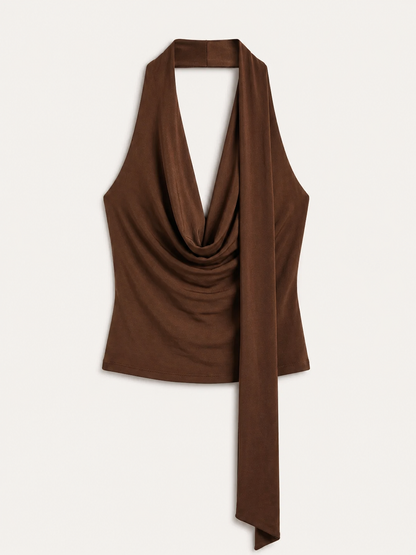 Top Halter Donna, Scollo Drappeggiato con Sciarpa, Marrone-Modaso