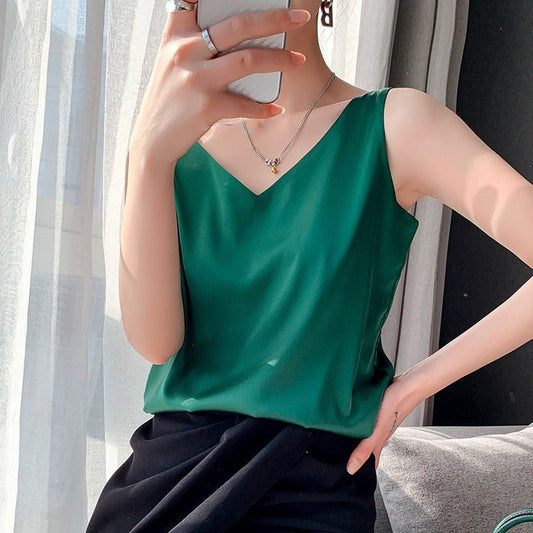 Top in Raso - Top elegante e leggero senza maniche con scollo a V da donna-Verde-S-Modasso