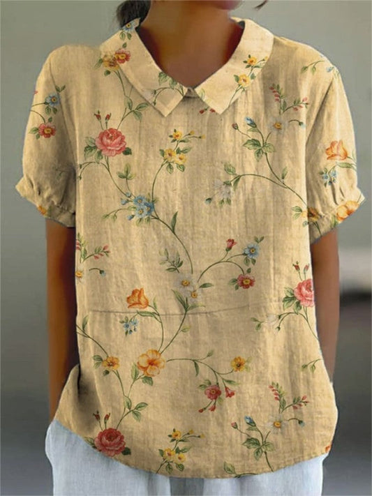 Top in lino - Cotone - Floreale - Abito in lino - Abbigliamento in lino da donna-Maglietta-Beige-S-Modasso