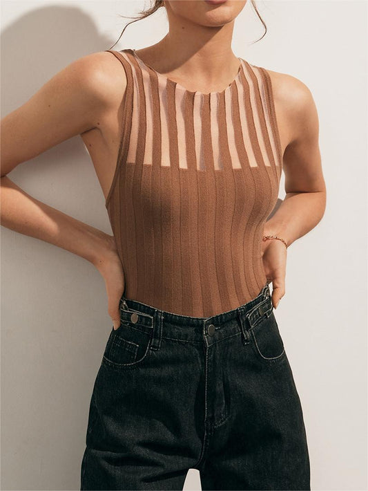 Top senza maniche - Top da donna in maglia a righe, slim fit-Marrone-XS-Modasso