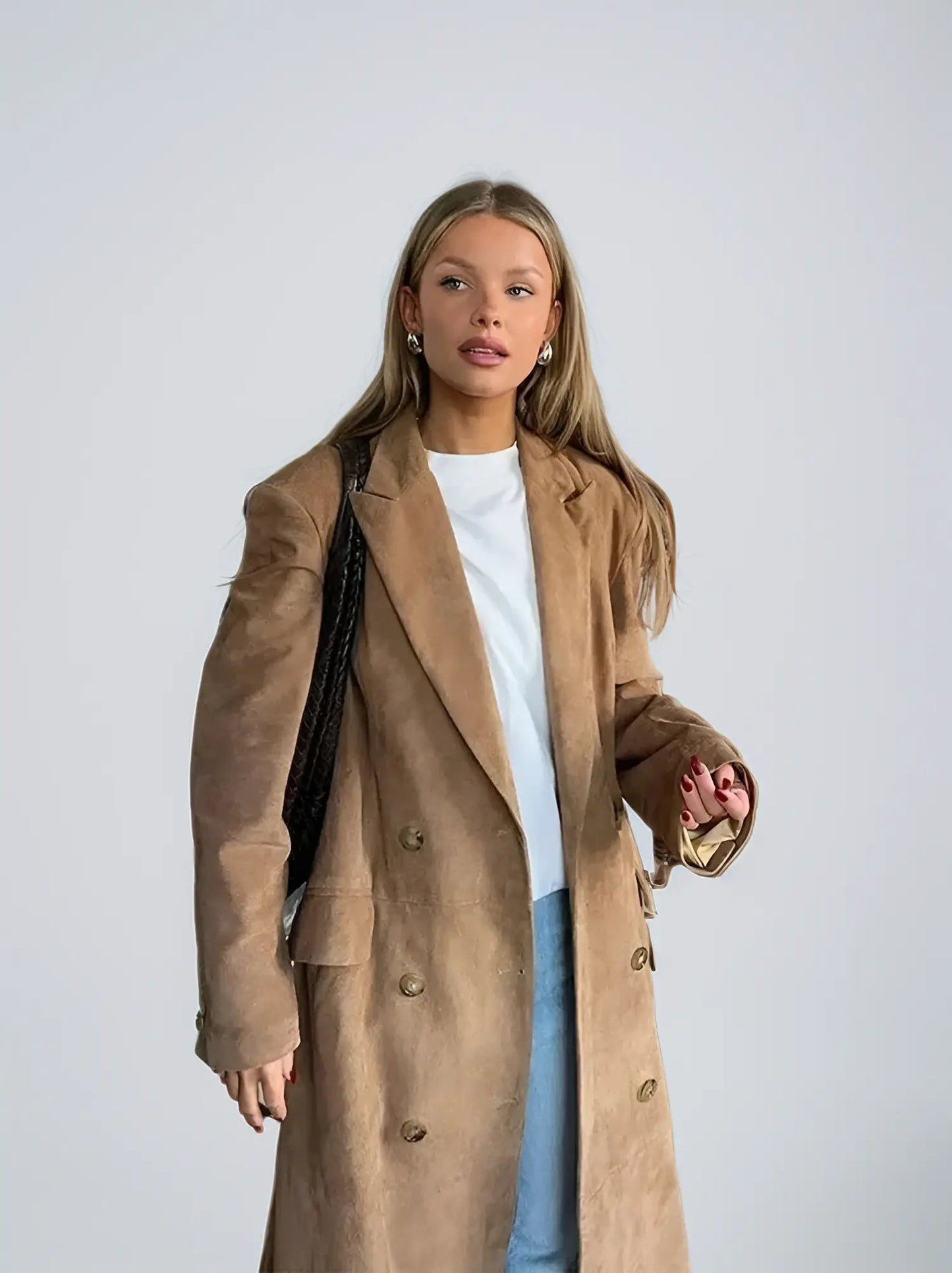 Trench Lungo in Camoscio, Doppiopetto, da Donna-Marrone-S-Modaso
