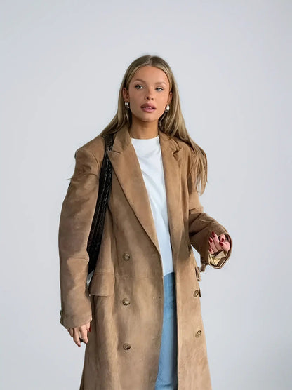 Trench Lungo in Camoscio, Doppiopetto, da Donna-Marrone-S-Modaso