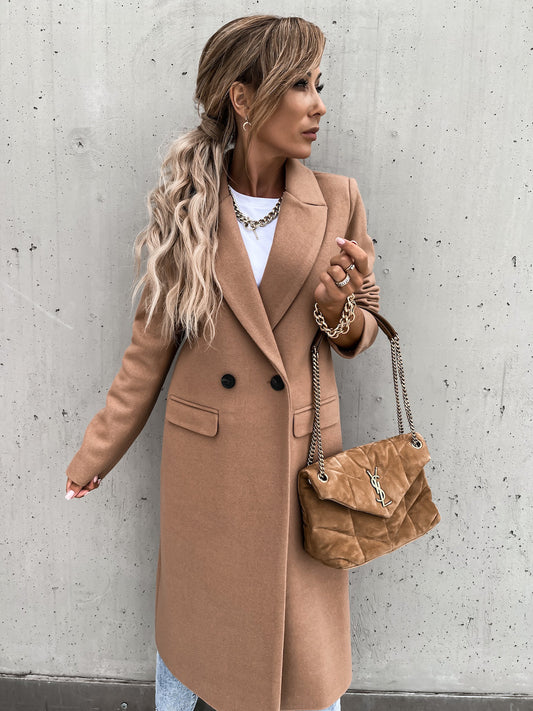 Trench in Lana - Cappotto lungo da donna doppiopetto in misto lana-Khaki-S-Modasso