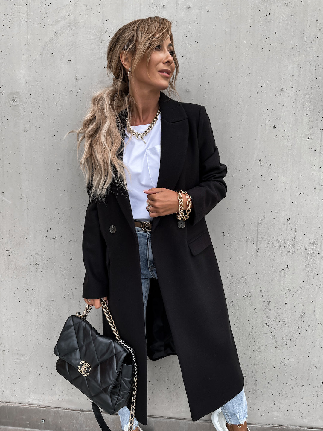 Trench in Lana - Cappotto lungo da donna doppiopetto in misto lana-Zwart-S-Modasso