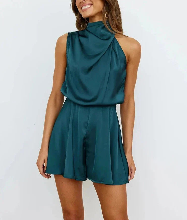 Tuta Corta in Raso, Collo Halter, Elegante-Blu Acqua-S-Modaso