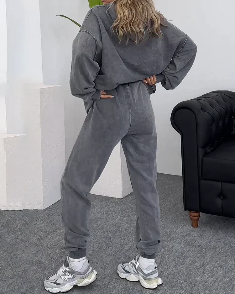 Tuta | Vestibilità ampia | Grigio | Set felpa con cappuccio e pantaloni della tuta | Set jogging da donna-Modasso