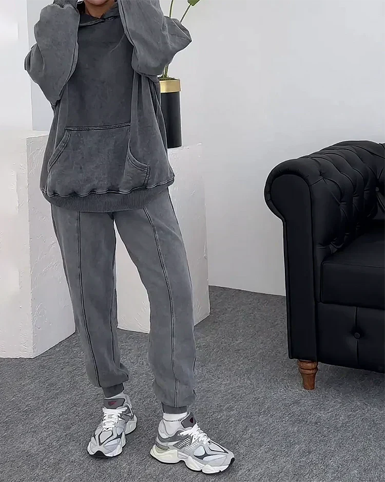 Tuta | Vestibilità ampia | Grigio | Set felpa con cappuccio e pantaloni della tuta | Set jogging da donna-Modasso