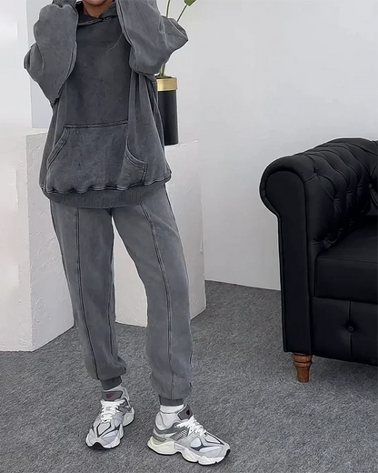 Tuta | Vestibilità ampia | Grigio | Set felpa con cappuccio e pantaloni della tuta | Set jogging da donna-Modasso