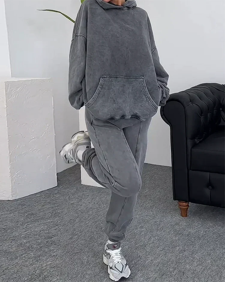 Tuta | Vestibilità ampia | Grigio | Set felpa con cappuccio e pantaloni della tuta | Set jogging da donna-S-Modasso