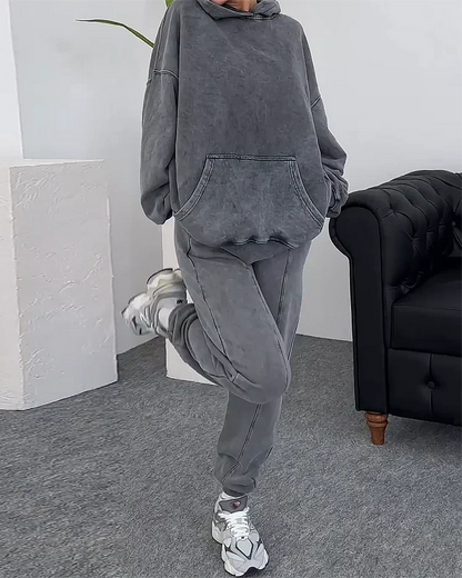 Tuta | Vestibilità ampia | Grigio | Set felpa con cappuccio e pantaloni della tuta | Set jogging da donna-S-Modasso