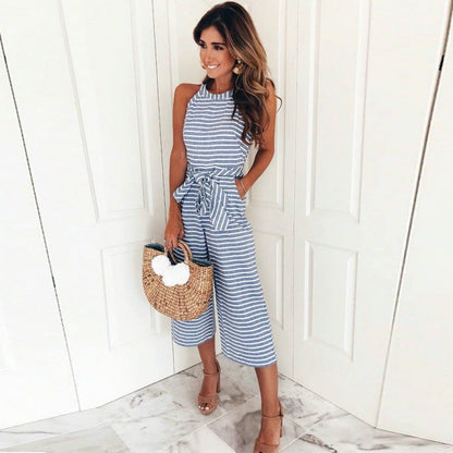 Tuta a Righe - Senza Maniche - Legata in Vita - Tuta Estiva - Abbigliamento Donna-Blu-S-Modasso