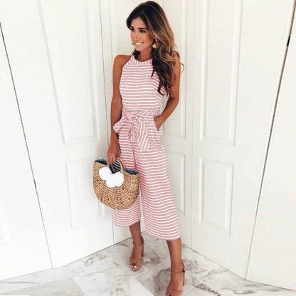 Tuta a Righe - Senza Maniche - Legata in Vita - Tuta Estiva - Abbigliamento Donna-Rosa-S-Modasso