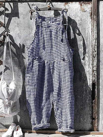 Tuta a righe - Vestibilità ampia - Senza maniche - Tuta a righe - Salopette da donna-Blu a scacchi-S-Modasso
