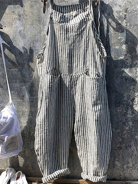 Tuta a righe - Vestibilità ampia - Senza maniche - Tuta a righe - Salopette da donna-Grigio-S-Modasso