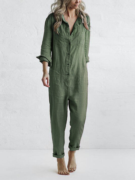 Tuta casual | Con bottoni | Con colletto | Tuta a maniche lunghe | Tuta in lino da donna-Verde-S-Modasso