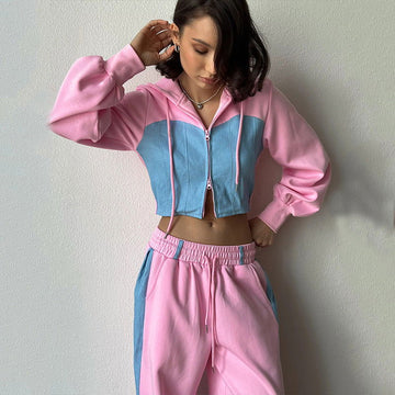 Tuta da donna | Con cerniera | Gamba larga | Set felpa | Set da jogging-Rosa-S-Modasso