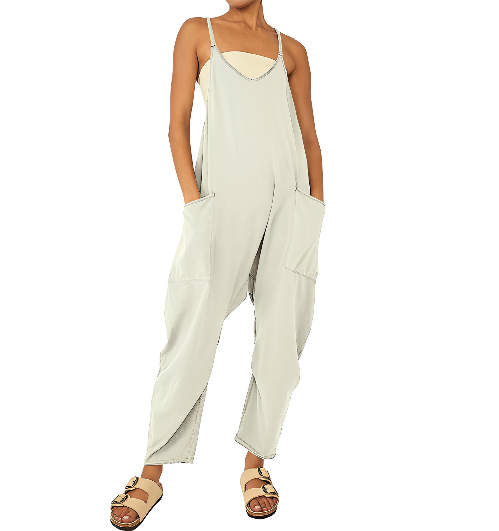Tuta da donna | Senza maniche | Vestibilità ampia | Tuta casual | Salopette da donna-Bianco-S-Modasso