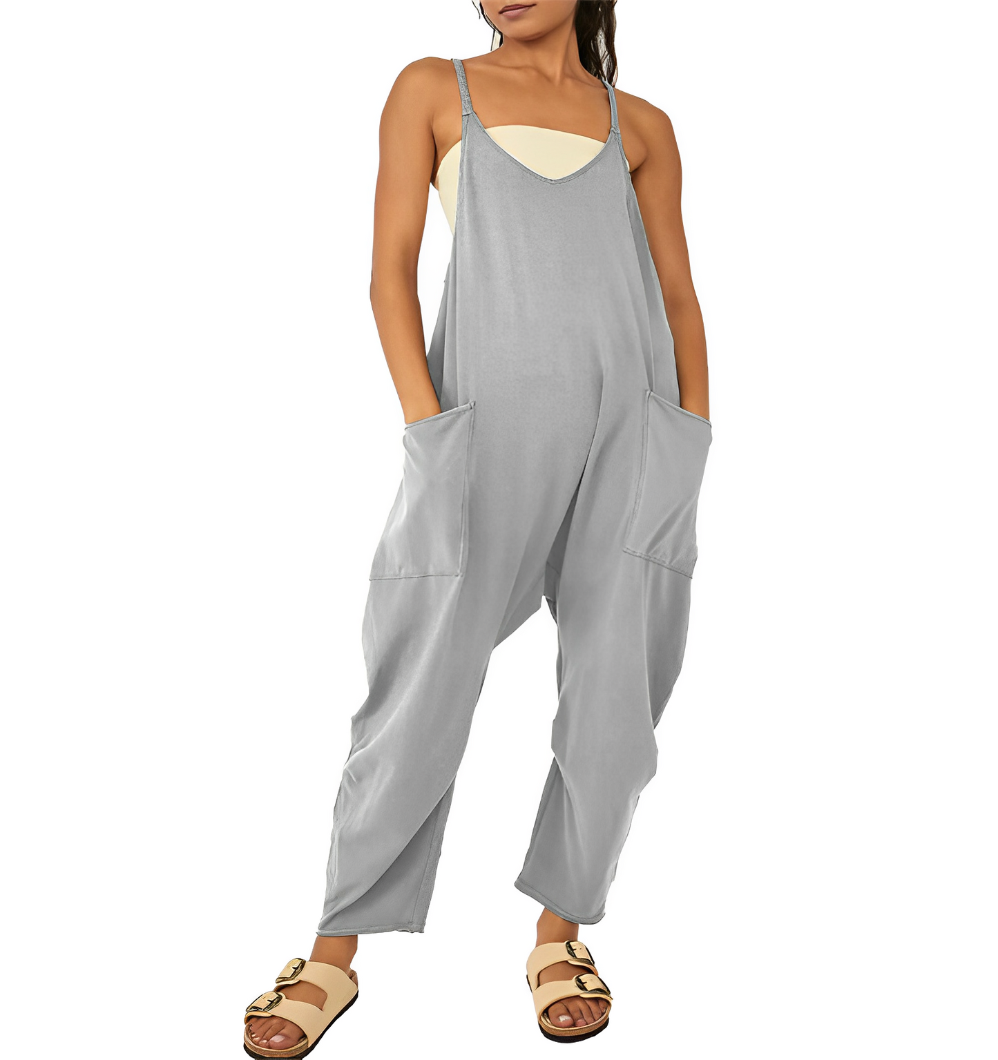 Tuta da donna | Senza maniche | Vestibilità ampia | Tuta casual | Salopette da donna-Grigio-S-Modasso
