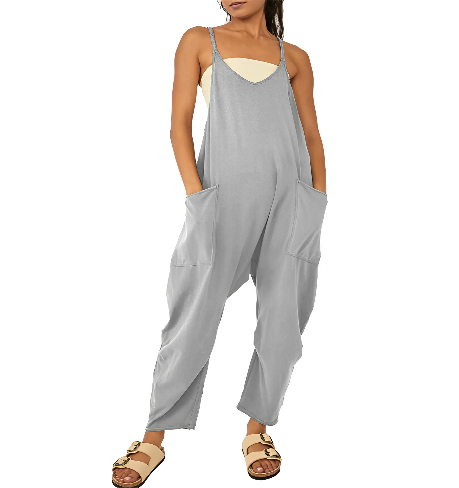 Tuta da donna | Senza maniche | Vestibilità ampia | Tuta casual | Salopette da donna-Grigio-S-Modasso