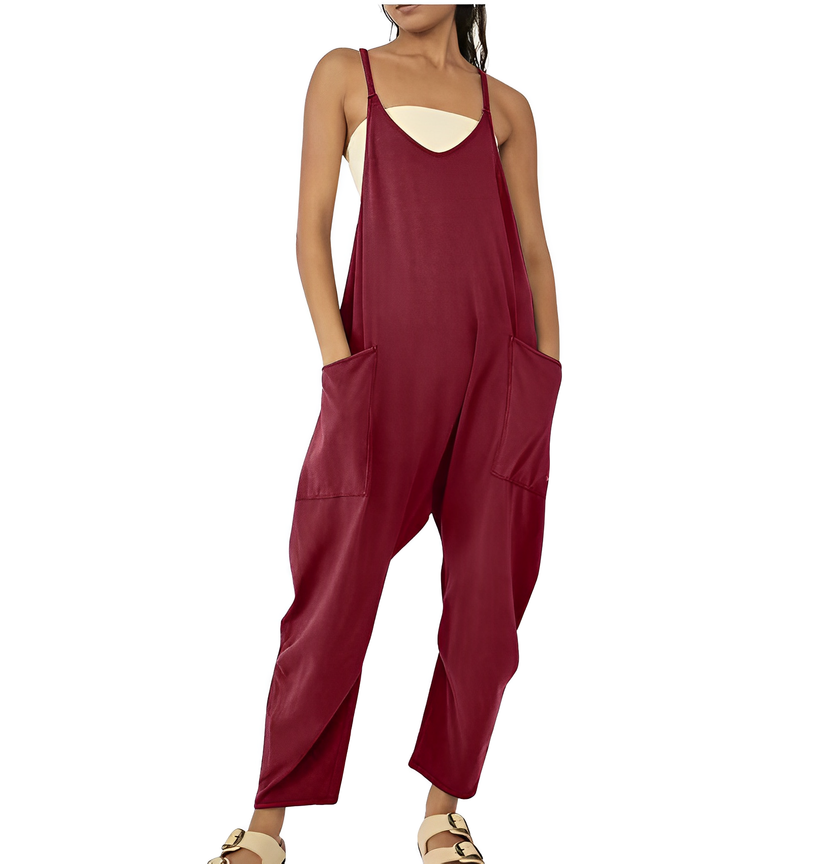 Tuta da donna | Senza maniche | Vestibilità ampia | Tuta casual | Salopette da donna-Rosso Vino-S-Modasso