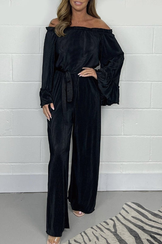 Tuta in Velluto | Maniche lunghe | Gamba larga | Tuta con spalle scoperte | Abbigliamento donna-Nero-S-Modasso
