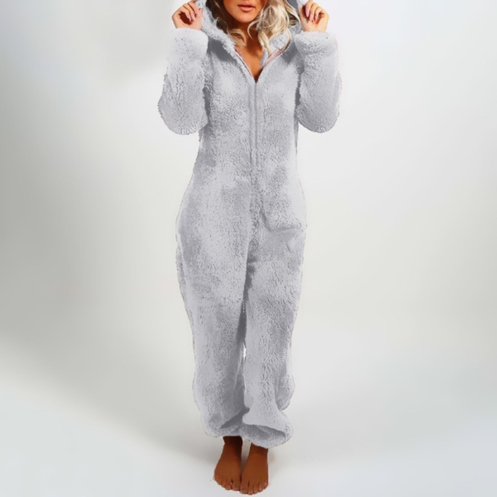 Tuta in pile | Maniche lunghe | Con cappuccio | Tuta in pile | Abbigliamento da casa da donna-Grigio-S-Modasso