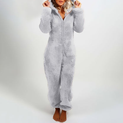 Tuta in pile | Maniche lunghe | Con cappuccio | Tuta in pile | Abbigliamento da casa da donna-Grigio-S-Modasso